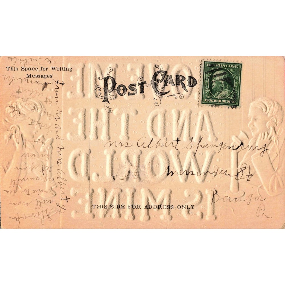 Antique Embossed Glitter Postcard Love Me And The World Is Mine Romance Phone - Picture 2 of 2